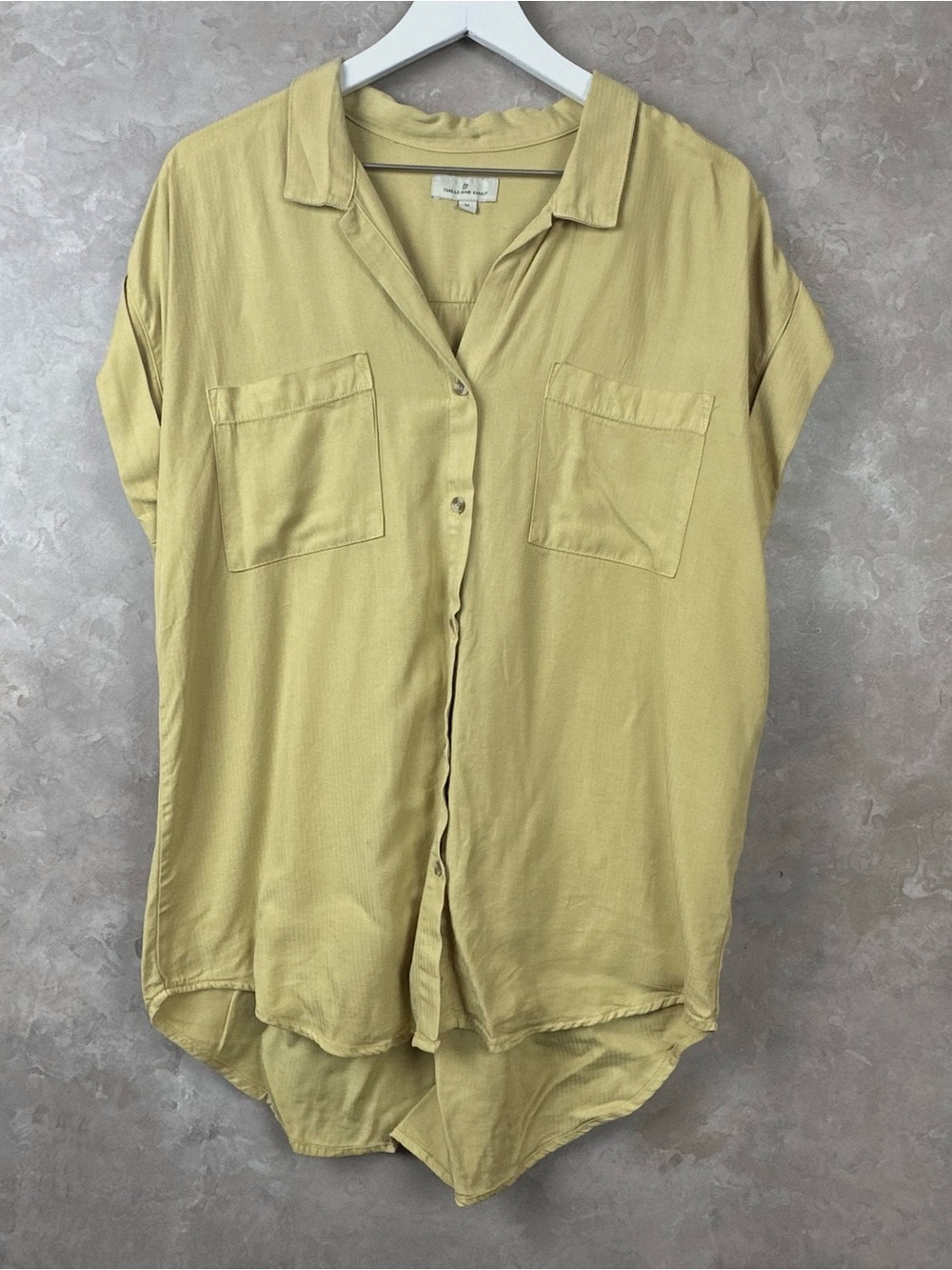 Thread And Supply Marigold Yellow Button Down Short Sleeve Shirt Women Sz M